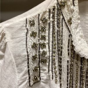 White Linen/Cotton Button-Up Shirt with Embellishments